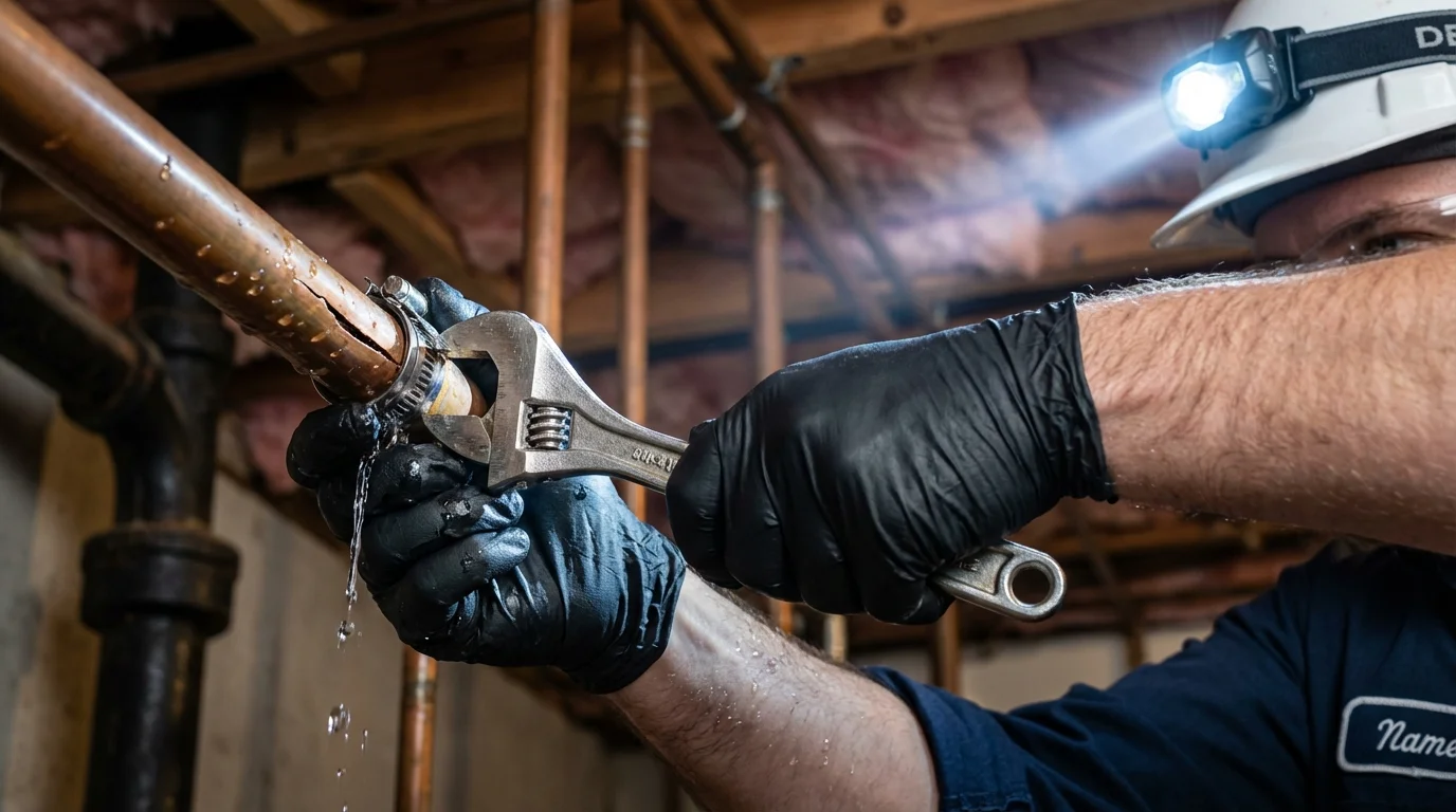 Emergency pipe clamp repair being performed by a Johns Plumbing LLC plumber in Salisbury