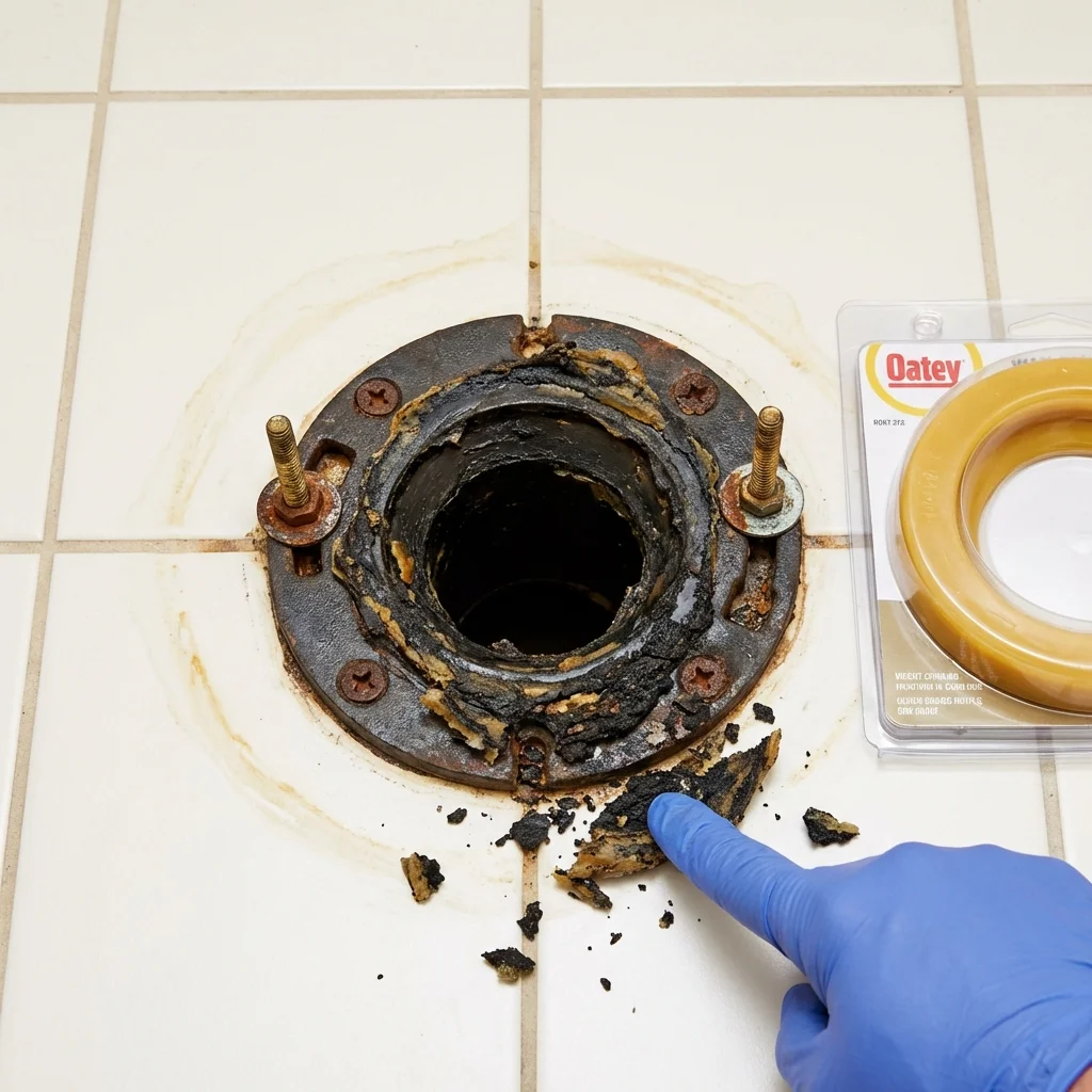 Failed wax ring showing water seepage at the base of a toilet in a Salisbury, NH home