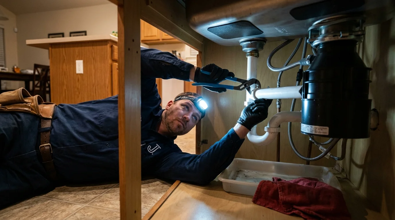 P-trap and supply line connections under a kitchen sink showing a common leak point in Salisbury, NH